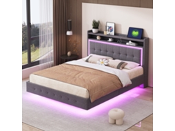 Cama Casal Cinza 140x200cm Estofada, Linho, Led, Usb, Pés Escondidos.-op