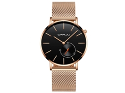 Relógio de pulso analógico Crrju com pulseira de liga metálica, mecanismo de corda manual, movimento de quartzo, mostrador redondo rosa, vermelho e preto.