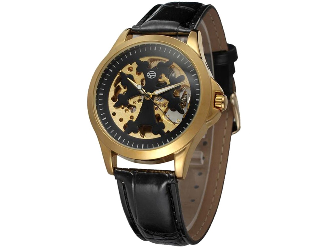 Relógio mecânico automático Forsining com pulseira de PU, casual, resistente à água, masculino (preto + dourado)