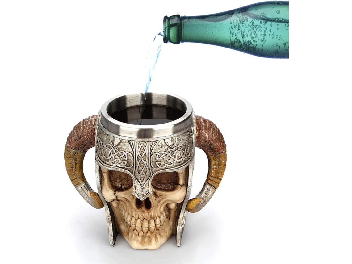 Caneca de Cerveja em Aço Inoxidável com Duas Estampas de Caveiras, Viking Guerreiro AQUAFORGE