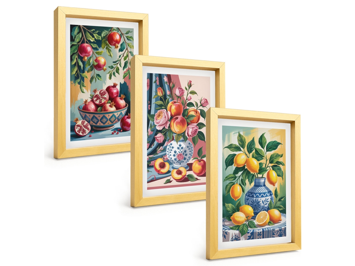 Composição De Quadros Flores, Frutas Em Vasos Espelharte (3 Peças 20x30 Cm)