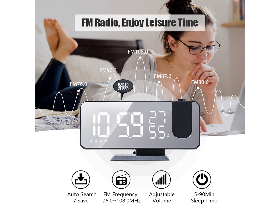 Reloj Alarma Proyección Digital Con Temperatura Humedad Radio Carga Usb Led Espejo Para Dormitorio Oficina Niños