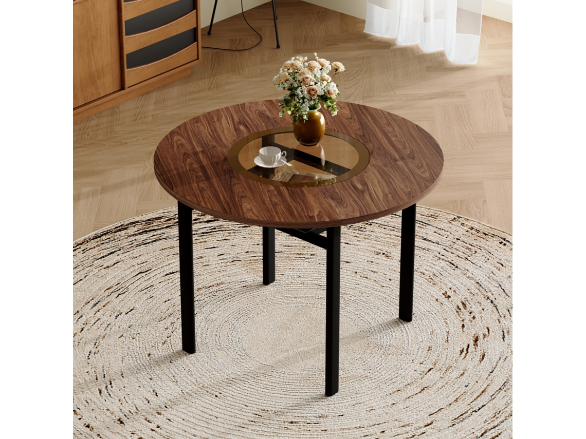 Mesa Redonda de 100 cm com Design Minimalista, Vidro e Estrutura Madeira NOVELA
