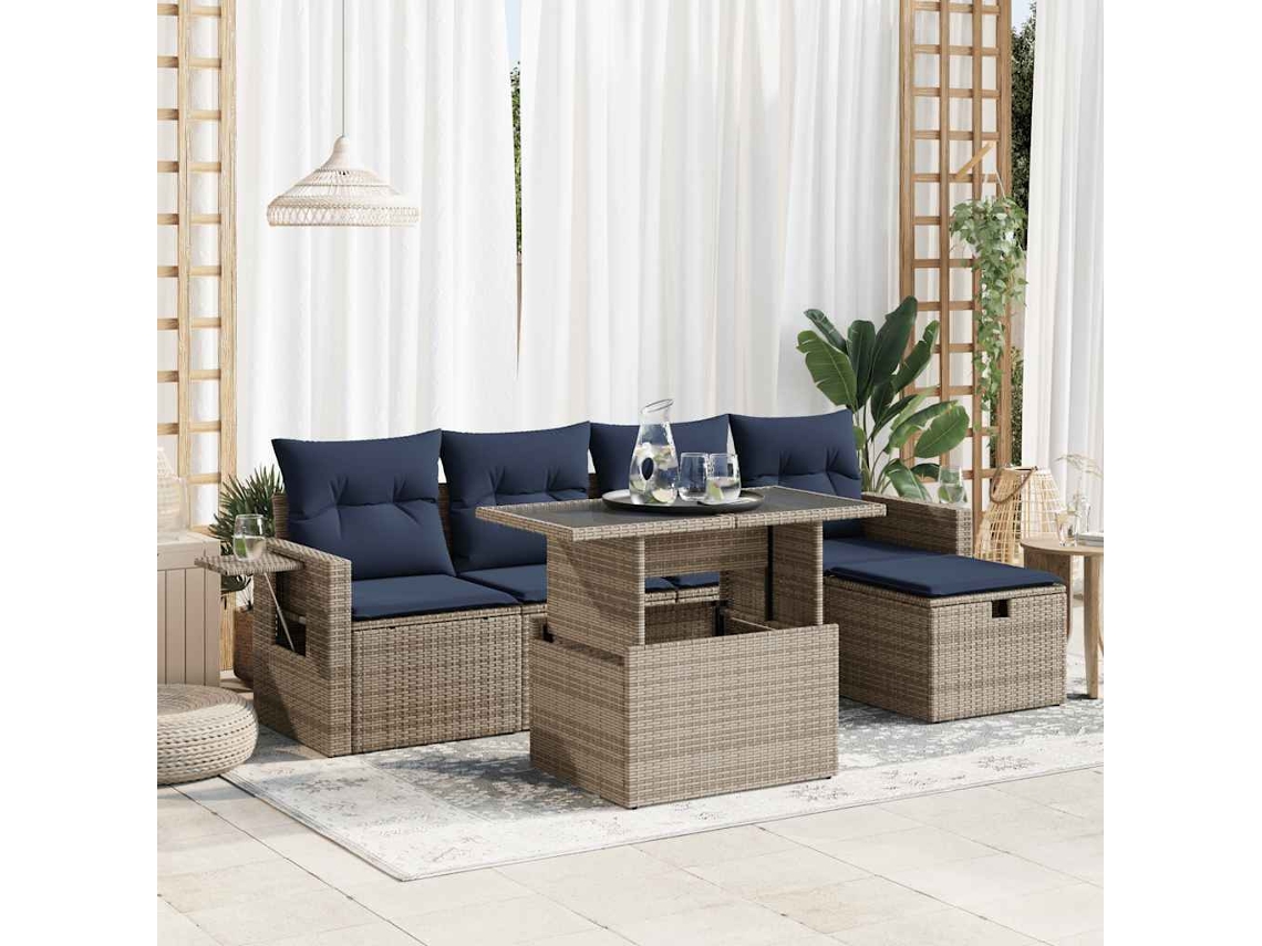 Vidaxl 6 Pcs Conj. Sofás Jardim C/ Almofadões Vime Pe/acácia Cinzento