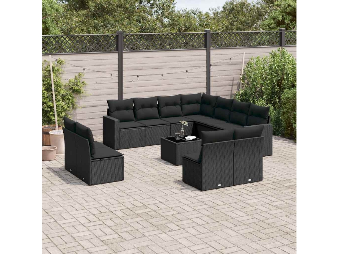 Vidaxl 12 Pcs Conjunto De Sofás De Jardim C/ Almofadões Vime Pe Preto