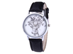 Relógio masculino de quartzo com pulseira de couro, estampa de veado e passarinho (preto)