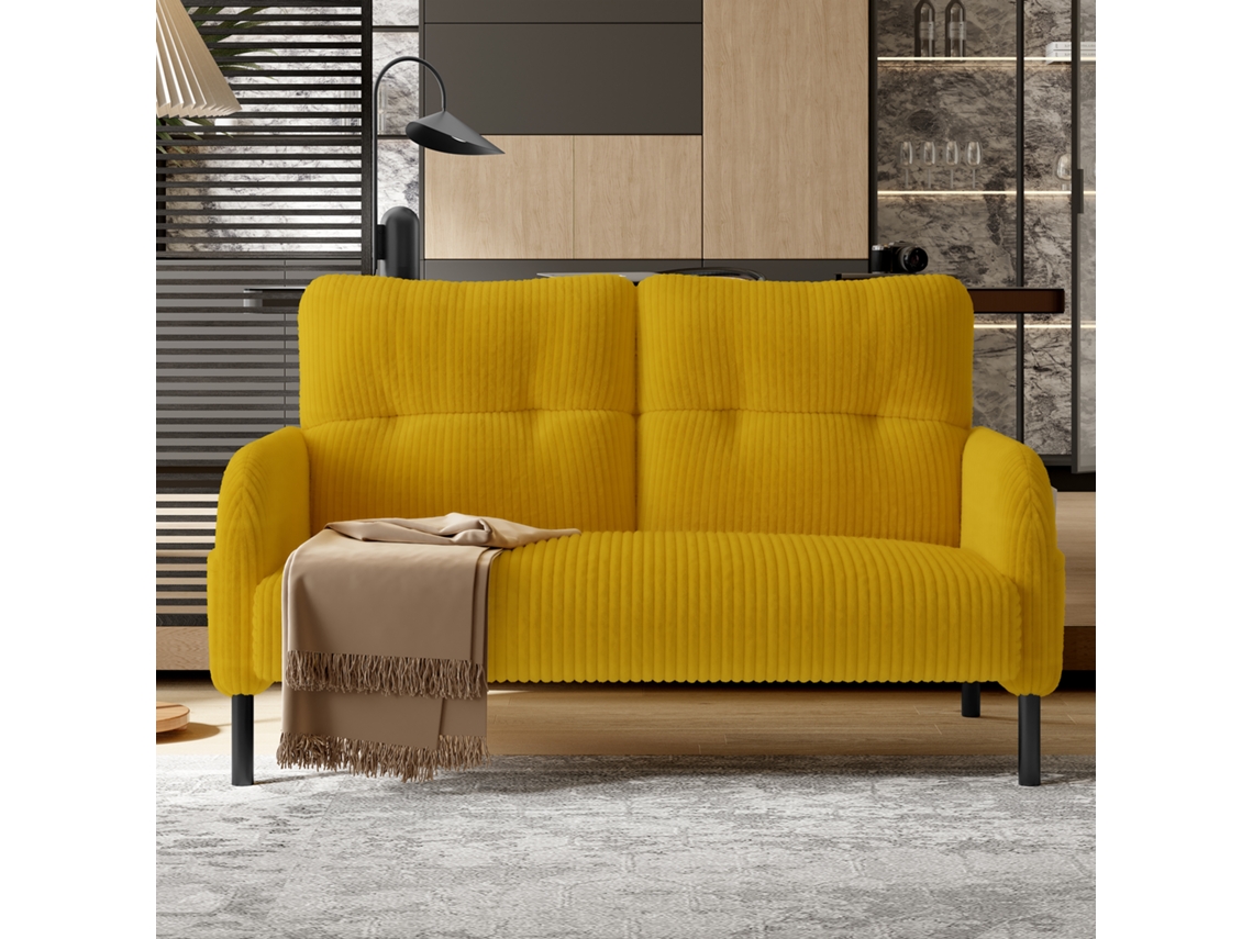 Sofá De 3 Peças Pufe Sofá De 2 Lugares Estrutura Em Aço Com Bolso Lateral, Encosto Extra Macio Amarelo Mostarda Estilo