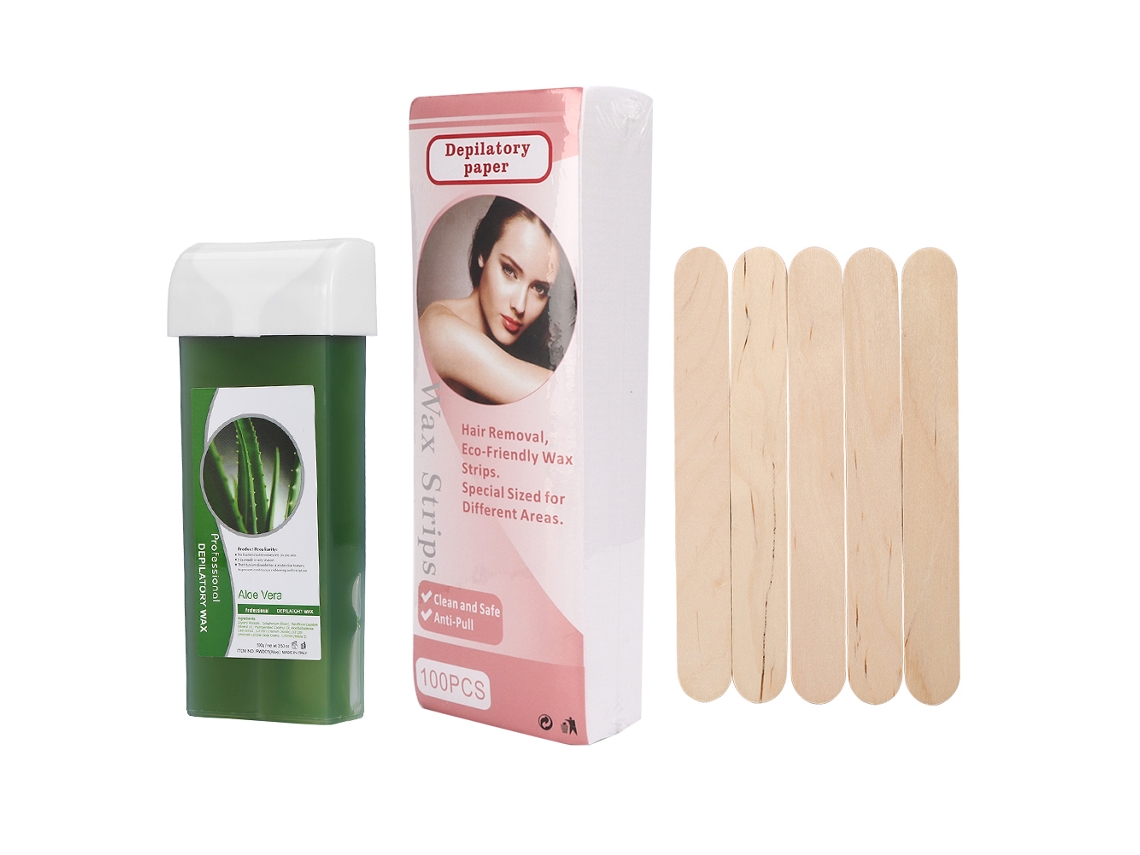 2026 kit Depilatório Cera 100g Papel Depilatório 100h Espátulas de Madeira 5u (aloe)