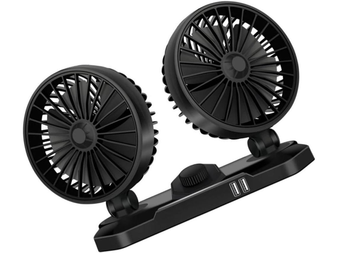 Ventilador elétrico USB de cabeça dupla para carro, rotação de 360 graus.
