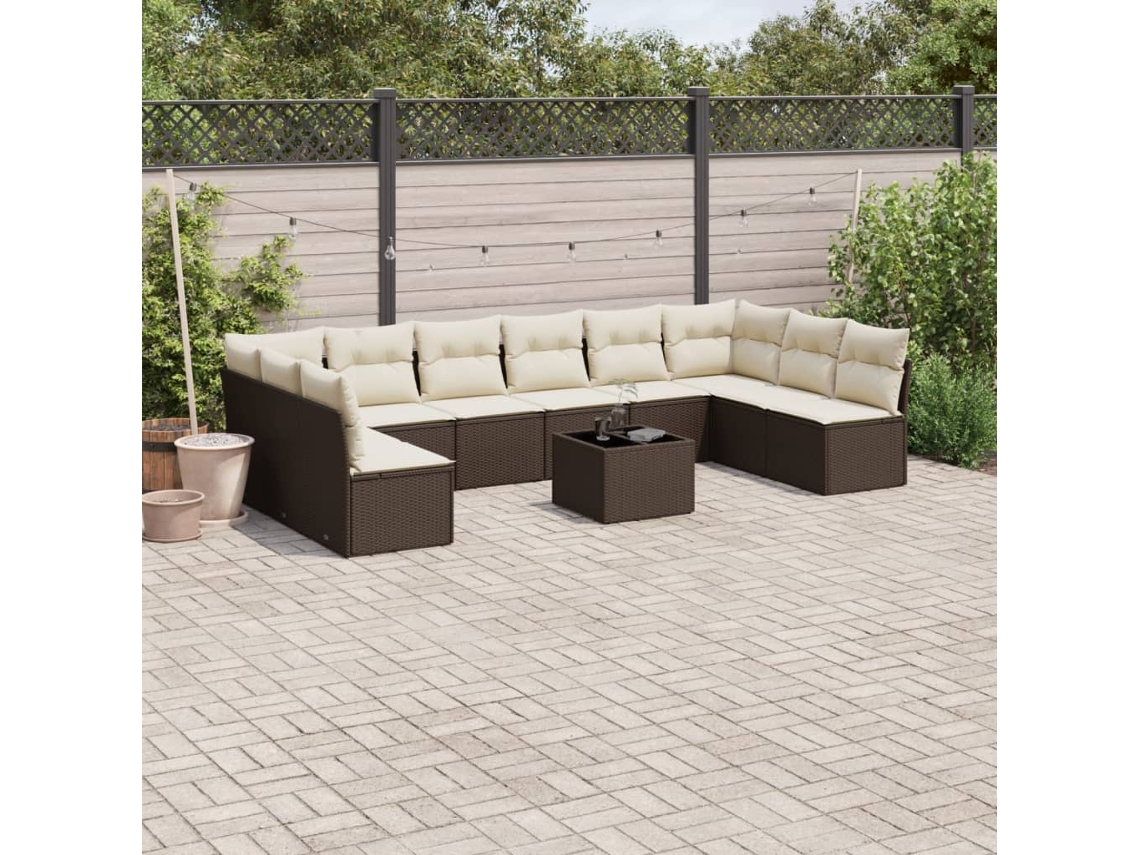 Vidaxl 11 Pcs Conjunto Sofás De Jardim C/ Almofadões Vime Pe Castanho