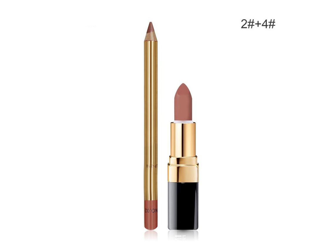 Set De Lápis De Lábio E Batom Waterproof De Longa Duração Lipliner Pencil 2+4 Maquiagem Cosmética