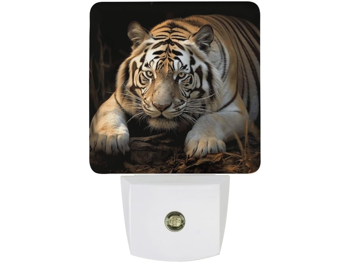 Luminária noturna LED com estampa detalhada de tigre, sensor crepuscular, ideal para corredores, E-Quartos