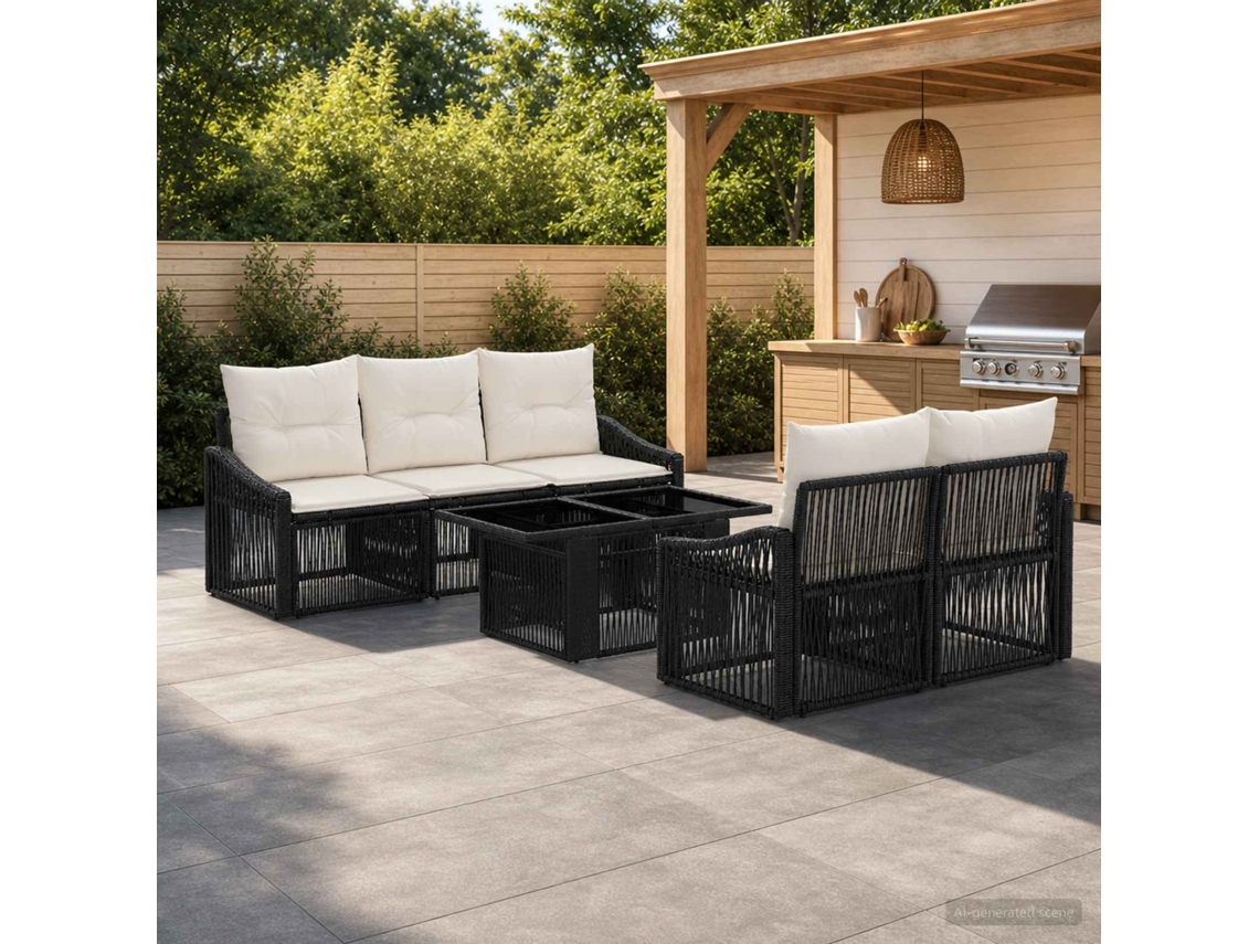 Vidaxl Conjunto De Sofá De Jardim 6 Unid. Preto E Branco Creme Vime Pe