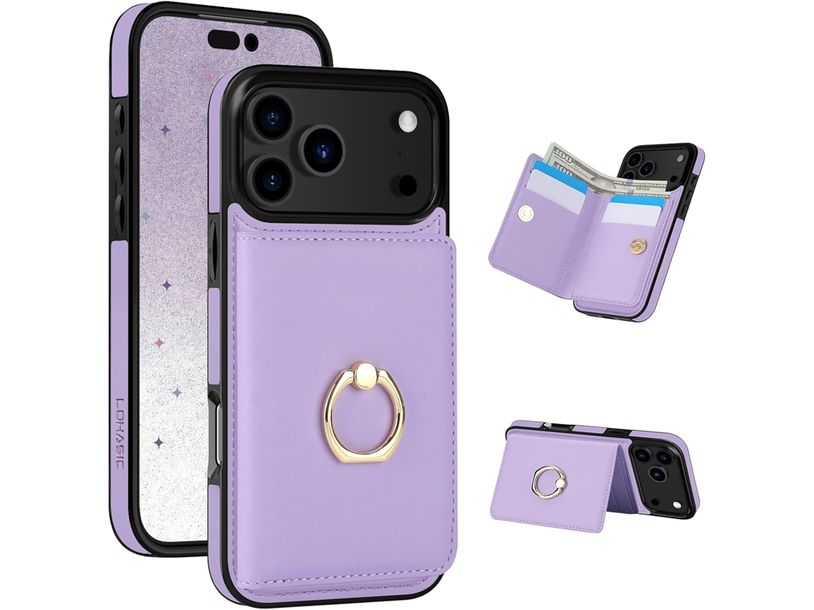 Capa Carteira Pele Pu Para Iphone 17 Pro Max– 5 Cartões, Suporte Anel 360°, Blindagem Rfid Roxo Hexinyigjly