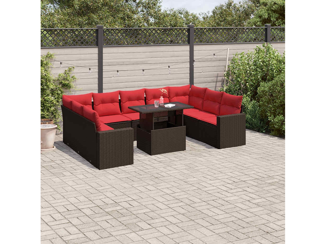 Vidaxl Conjunto De Sofá De Jardim Com 10 Peças E Almofadas Em Rattan Sintético Marrom