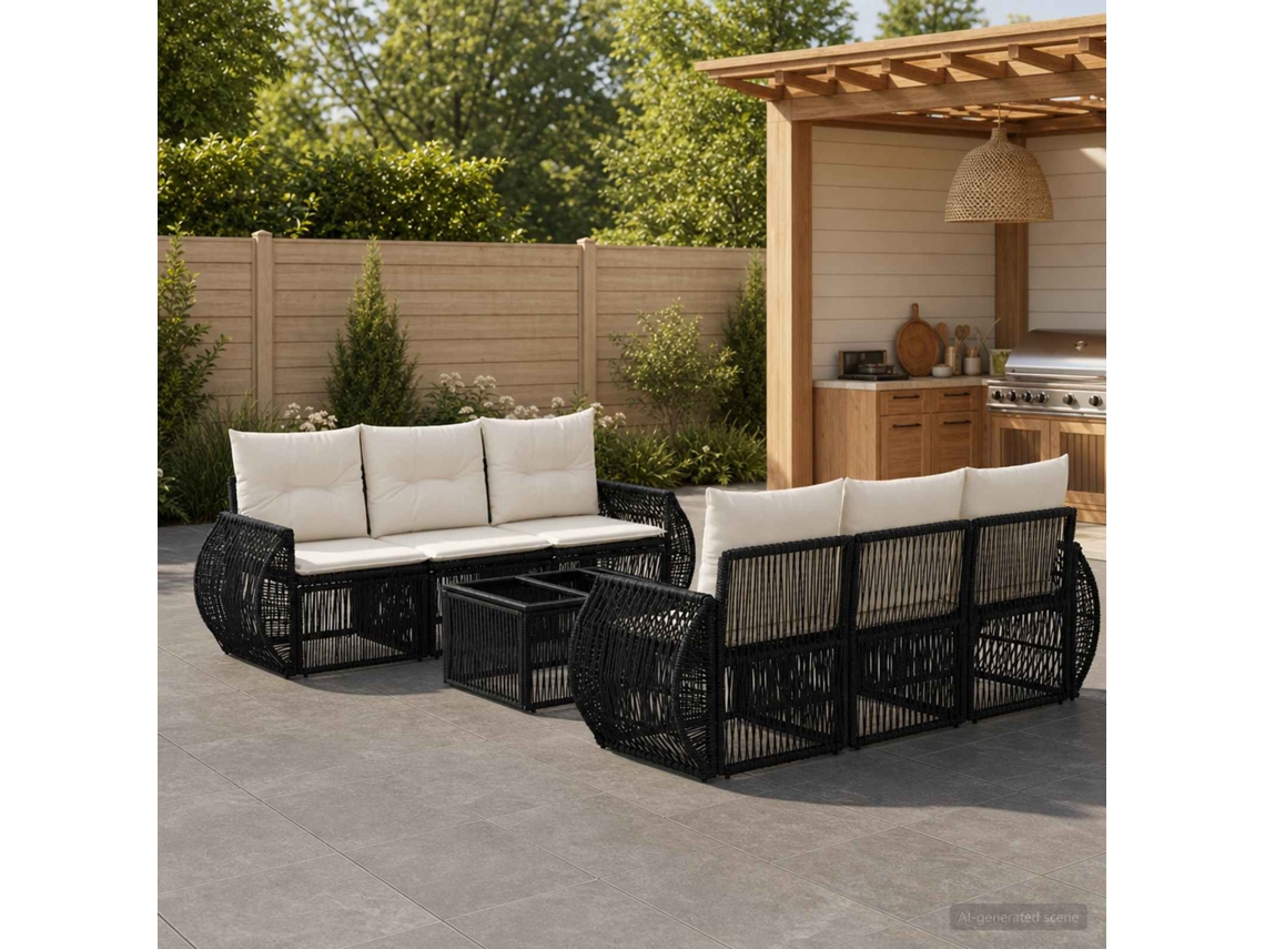Vidaxl Conjunto De Sofá De Jardim 7 Unid. Preto Vime Pe