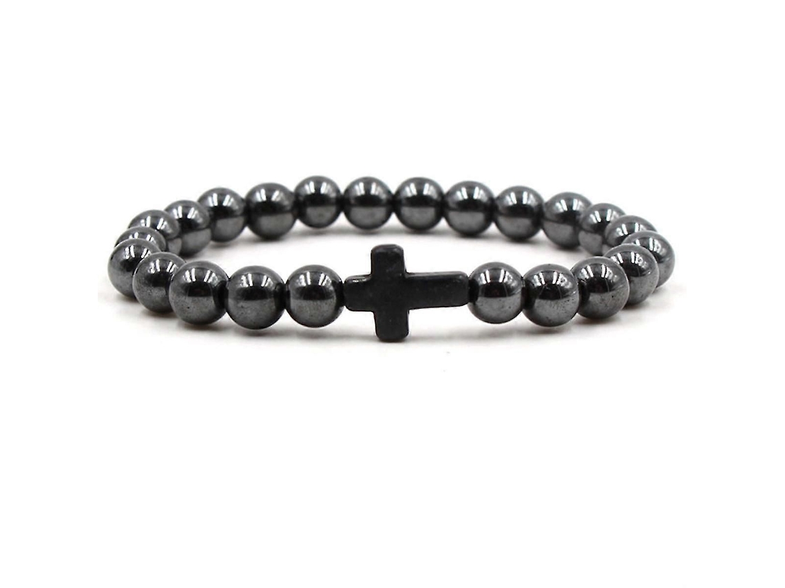 Pulseira Masculina Com Cruz, Turquesa Polida, Preta.
