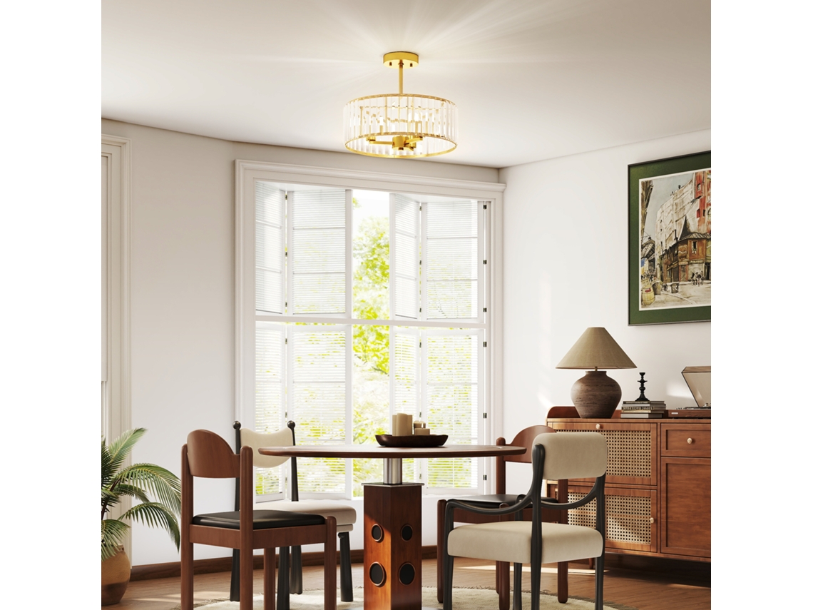 Abajur Teto Lustre Dourado, Cristal, 3 Lâmpadas, Metal
