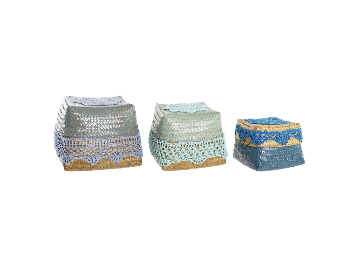 Conjunto de 3 Cestos de Bambu e Algodão, Azuis, 22x27x27cm ALEXANDRA HOUSE LIVING