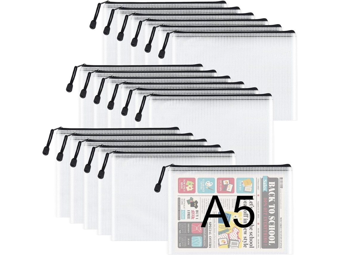 Conjunto De 18 Bolsos Plásticos A5 Com Zíper Em Tela, Ideais Para Documentos, Viagens E Armazenamento De Materiais De Escritório. Cor: Preto