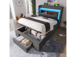 Cama Solteiro 90x200cm Com Armazenamento Led Usb Usb-c Cinza Linho