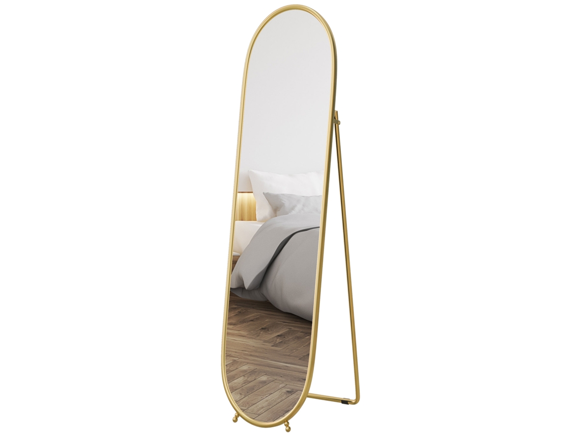Espelho De Pé Oval 160x40 Cm De Corpo Inteiro Com Moldura Metálica Suporte E 2 Formas De Utilização Dourado