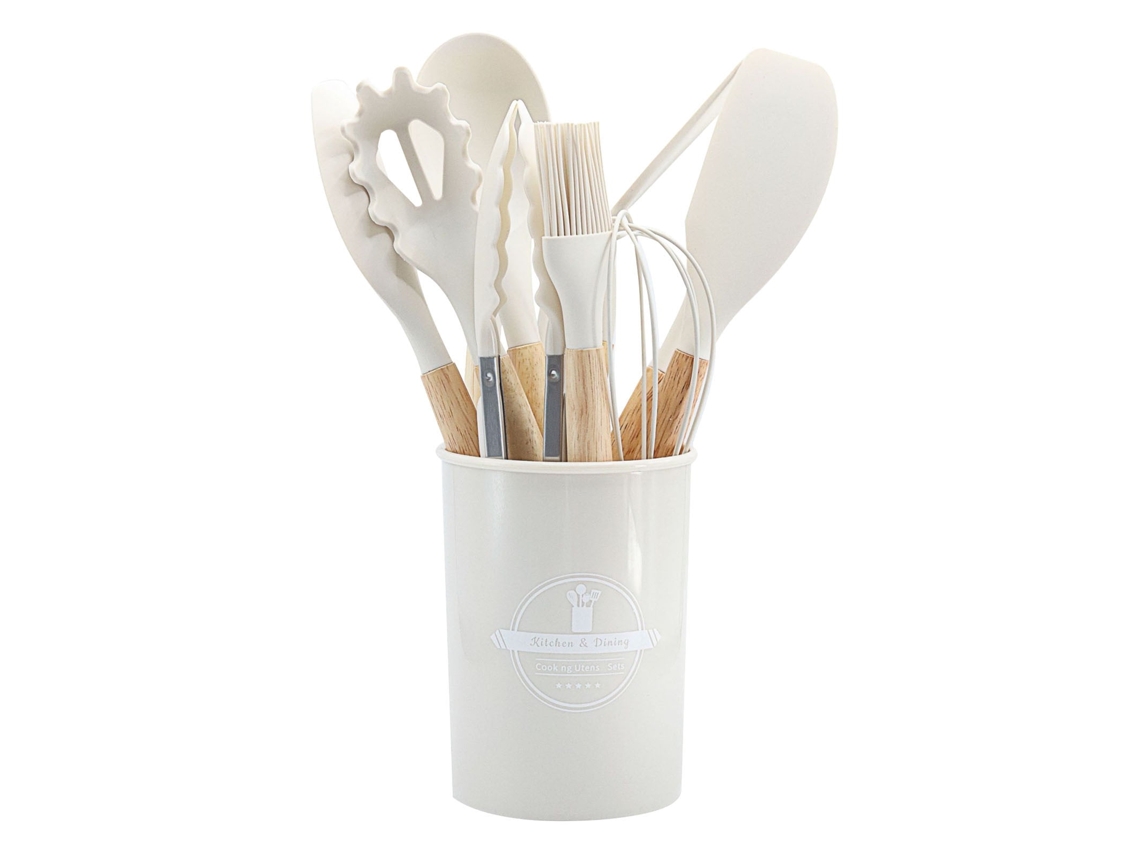 Conjunto De 12 Utensílios De Cozinha Em Silicone - Cabos De Madeira Antiderrapantes E Balde Organizador Térmico