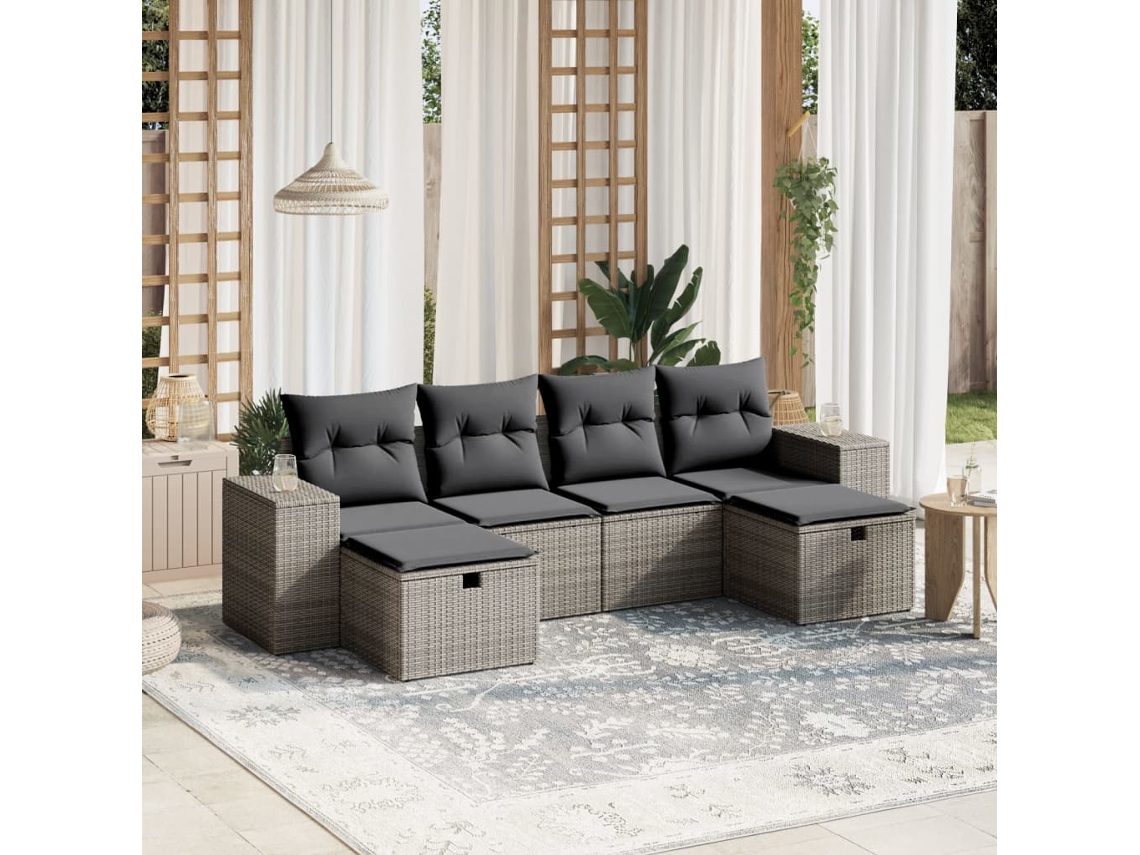 Vidaxl 6 Pcs Conjunto Sofás De Jardim Com Almofadões Vime Cinzento