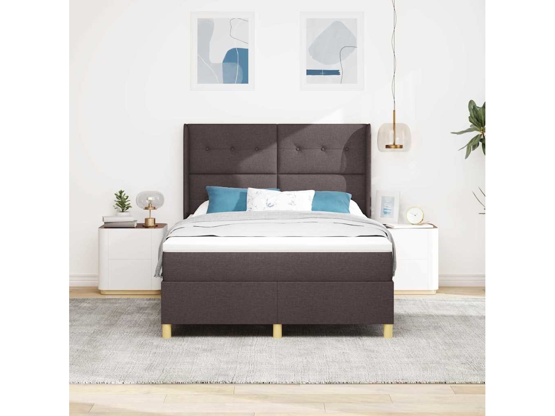 Vidaxl Cama Box Com Cabeceira Marrom Escuro 140 X 200 Cm Tecido