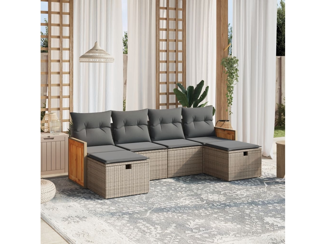 Vidaxl 6 Pcs Conjunto Sofás De Jardim Com Almofadões Vime Cinzento