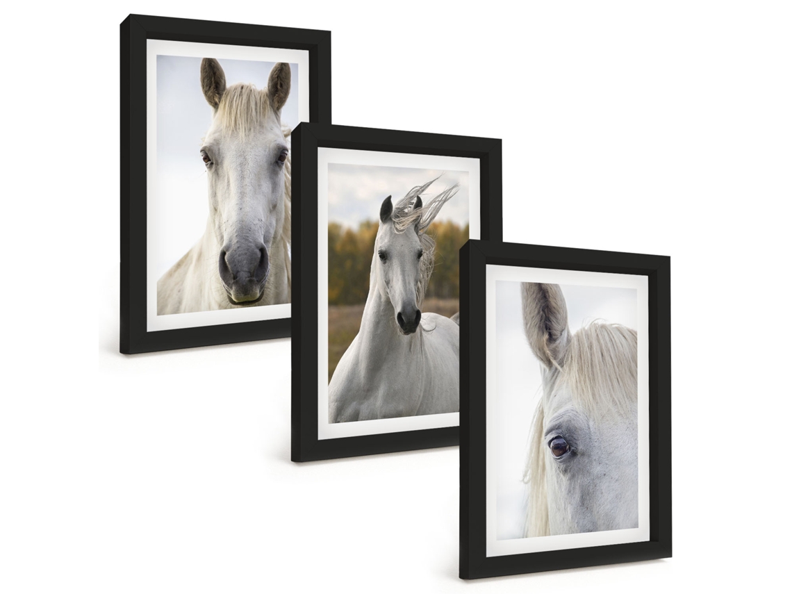 Composição De Quadros Cavalos Brancos Na Natureza Espelharte (3 Peças 20x30 Cm)