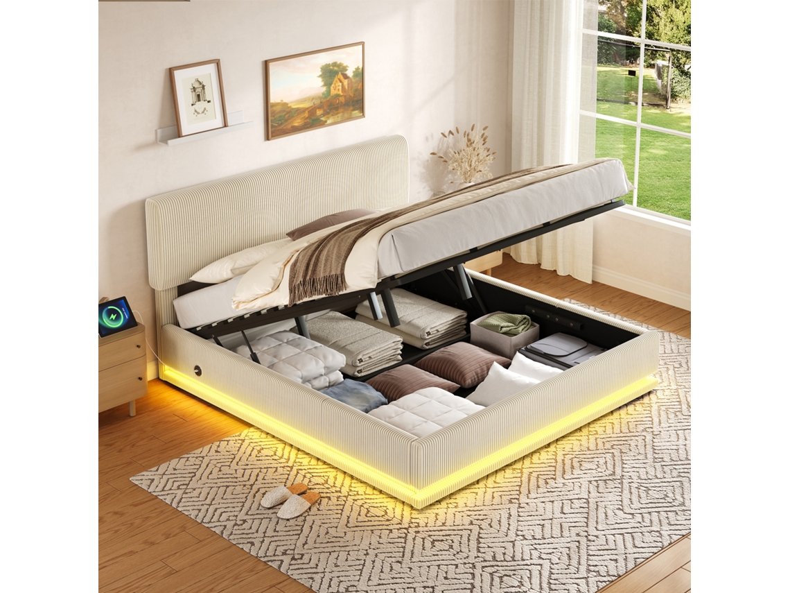 Cama Estofada Moderna 180*200cm, Led, Usb-c, Cabeceira Ajustável, Veludo Cotelê, Estrutura Ripas, Armazenamento, Bege-op