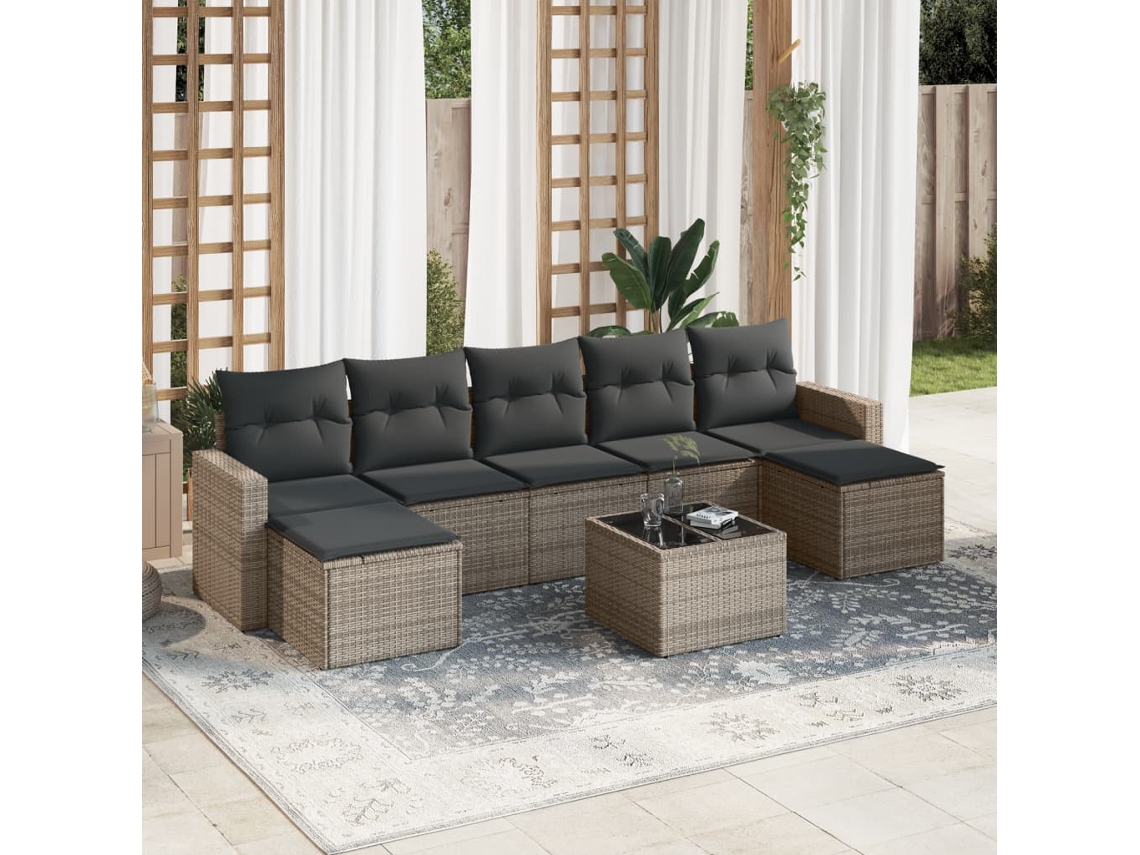 Vidaxl 8 Pcs Conjunto Sofás De Jardim C/ Almofadões Vime Pe Cinzento