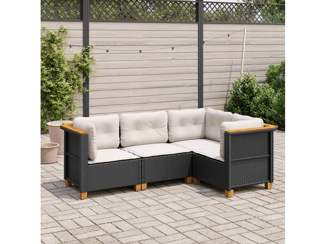 Jogo de Sofá 4 Peças Jardim C/ Almofadões Vime Pe Preto Dkd Home Decor