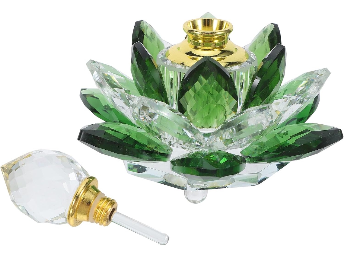 Frasco de vidro verde com estampa de lótus para armazenar perfumes, frasco elegante.