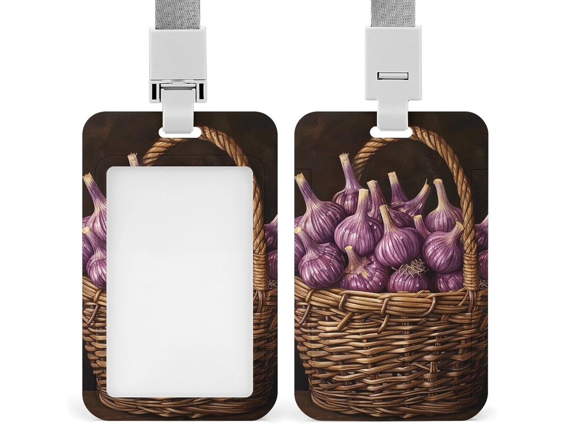 Porta-cartões em formato de cesta com estampa floral, suporte vertical impresso com cordão e protetor de cartão.