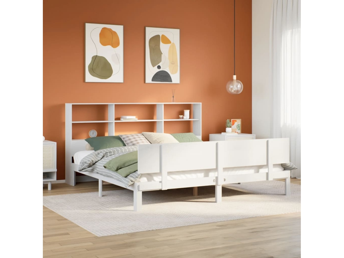 Cama Com Estante Sem Colchão 180x200 Cm Pinho Maciço Branco