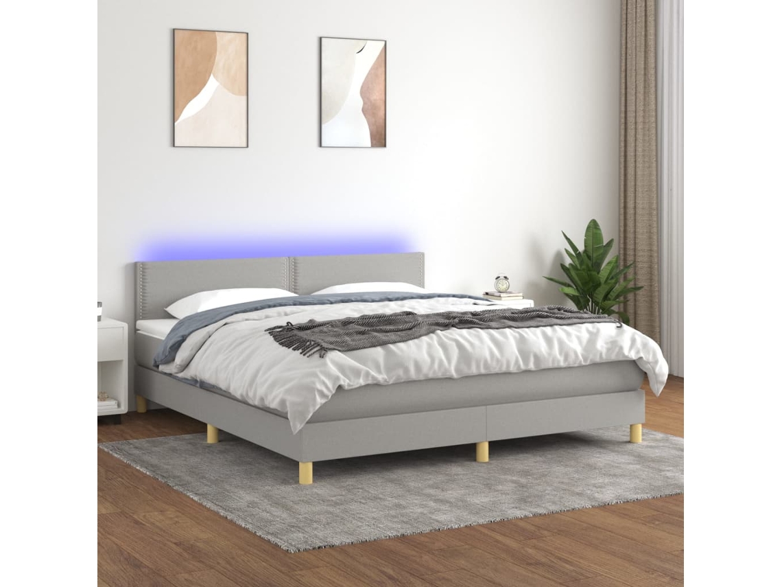 Vidaxl Cama Box Spring C/ Colchão E Led 180x200 Cm Tecido Cinza-claro