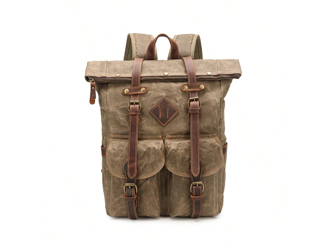Mochila Impermeável Para Caminhadas, Com Capacidade Para Um Laptop De 15 Polegadas, Feita De Lona Encerada E Couro, Verde Militar