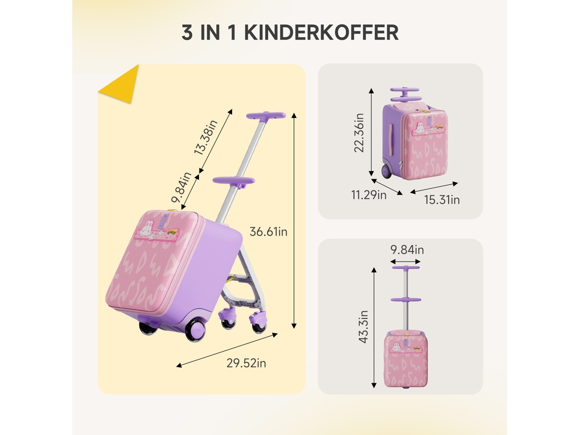 Mala Infantil Jovikids 3-em-1 32l Para Montar, Trolley Telescópico 4 Rodas, Dobrável Amovível, Vários Compartimentos (rosa)