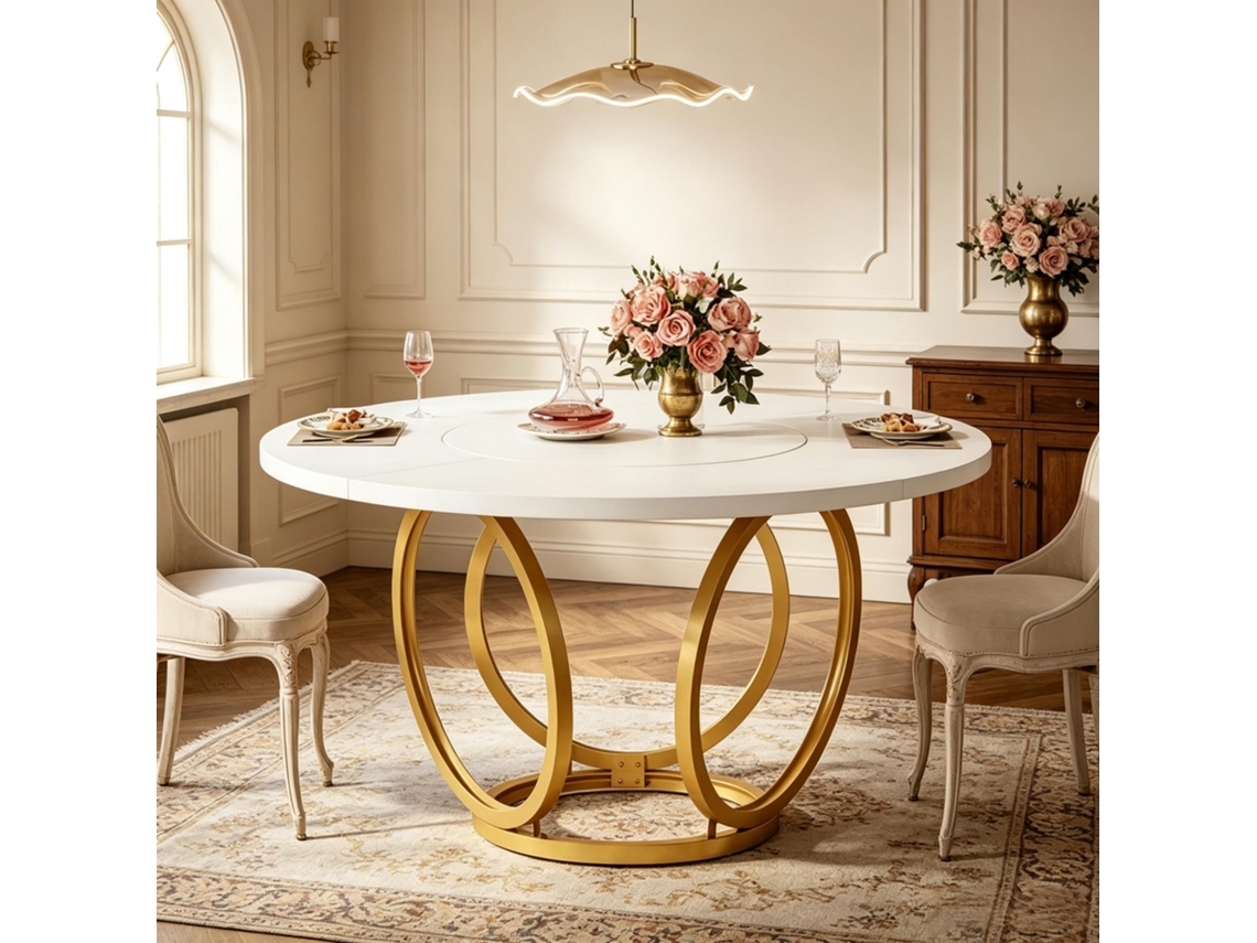 Mesa De Jantar Redonda Em Mdf E Aço Com Base Geométrica Branco E Dourado 120 Cm