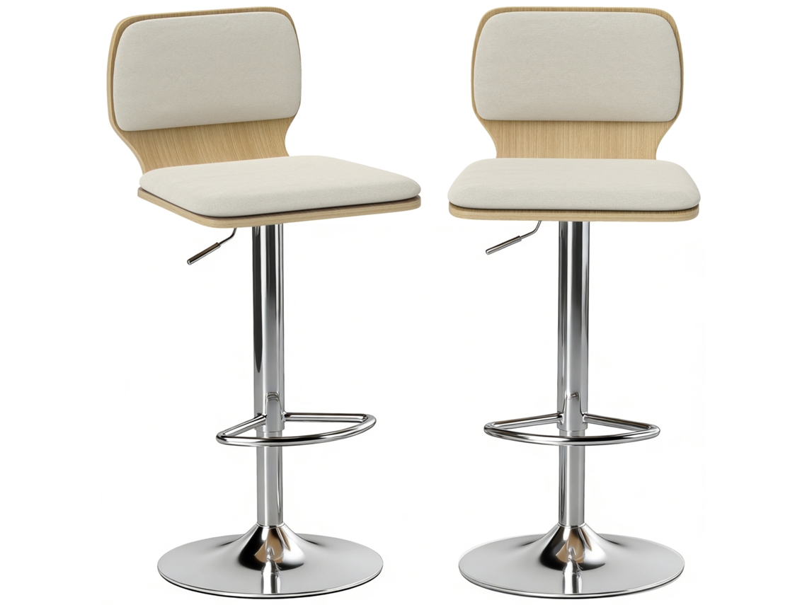 Conjunto De 2 Bancos De Bar Giratórios Com Altura Ajustável Estofados Em Tecido Tipo Linho Com Base Em Aço 41x47,5x81-102 Cm Bege