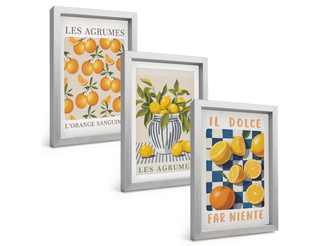 Pinturas Murais Modernasfrutas Cítricas Amarelas Retrô Moldura Prateada Fotos Para O Corredor Espelharte (3 Peças 20x30 Cm)