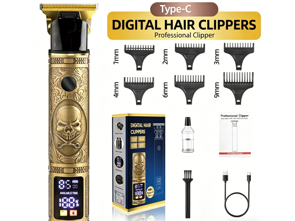 Aparador De Cabelo E Barba Com Design De Caveira, Tela Lcd E Carregamento Tipo-c - Kit Profissional Com 6 Pentes Guia
