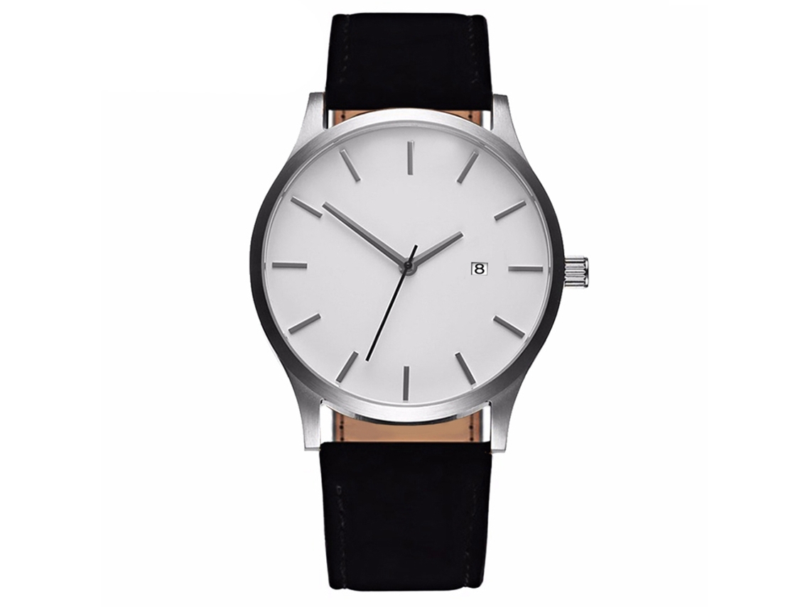Relógio masculino de quartzo com pulseira de couro PU, mostrador casual simples, preto e branco.