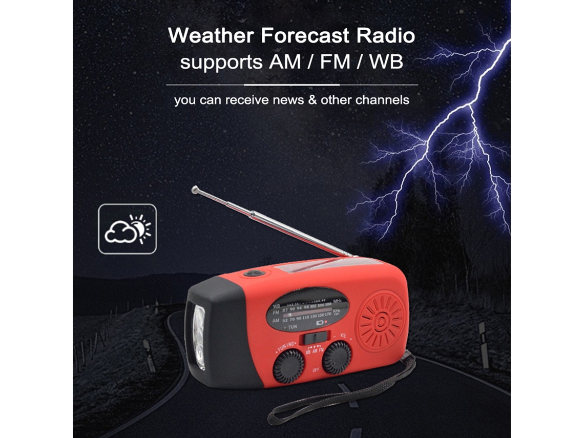 Rádio Mali portátil AM/FM com lanterna, leitor NOAA, energia solar, manivela, carregador móvel