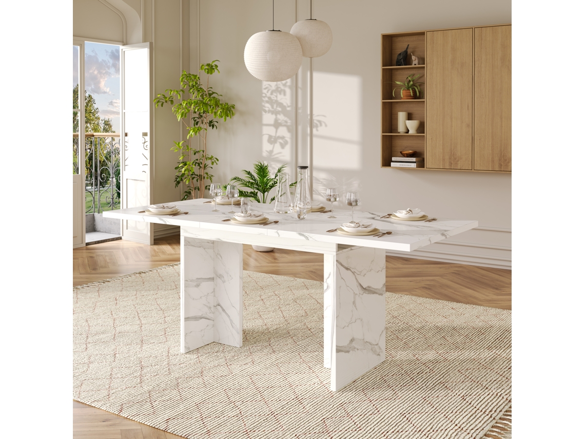 Mesa Jantar Extensível Mármore Branco 140/180x80cm, 6-8p. Cs