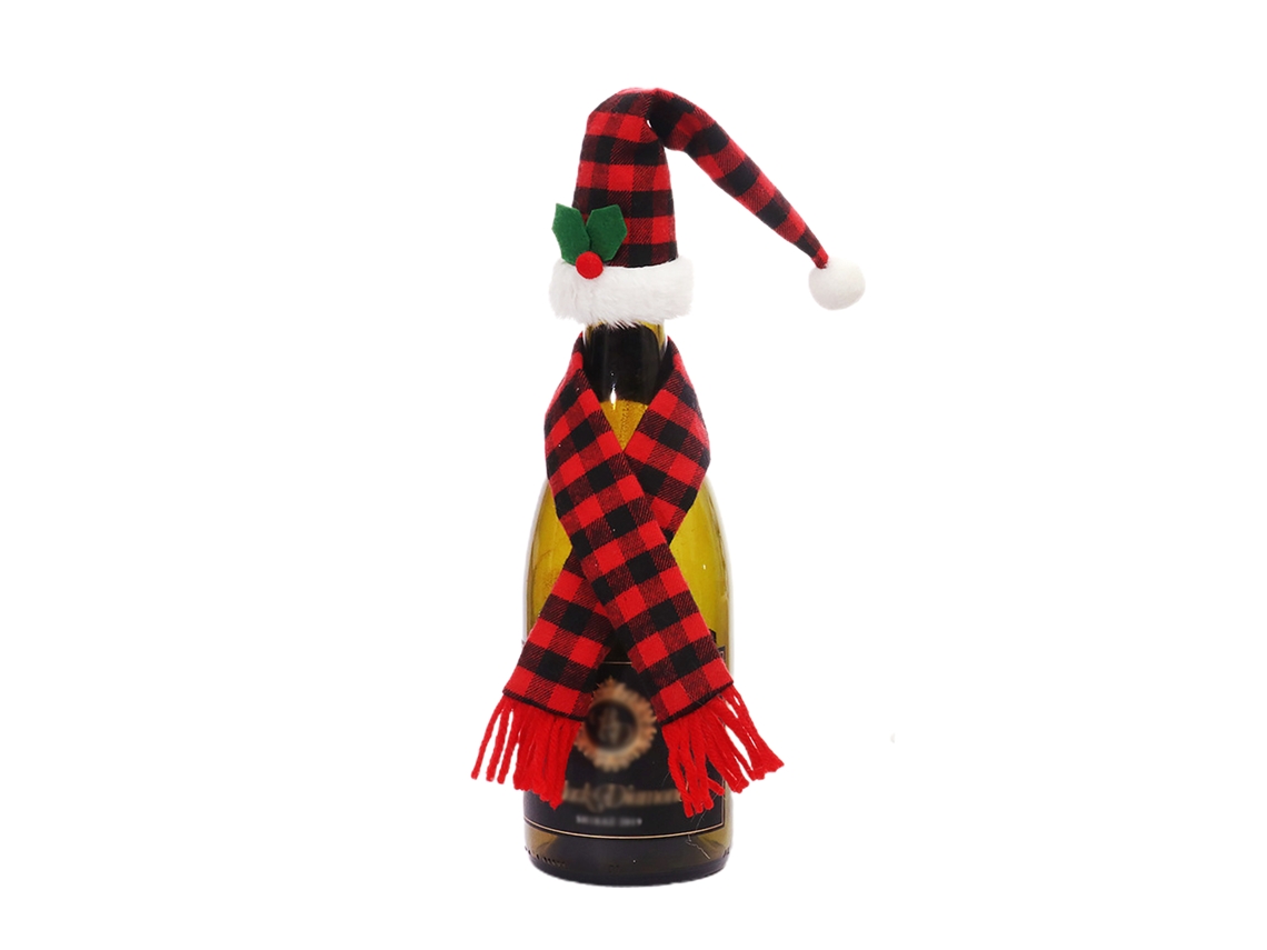 Laxiscreed Cachecol E Gorro De Natal Para Garrafa De Vinho Com Estampa Xadrez Vermelha E Preta