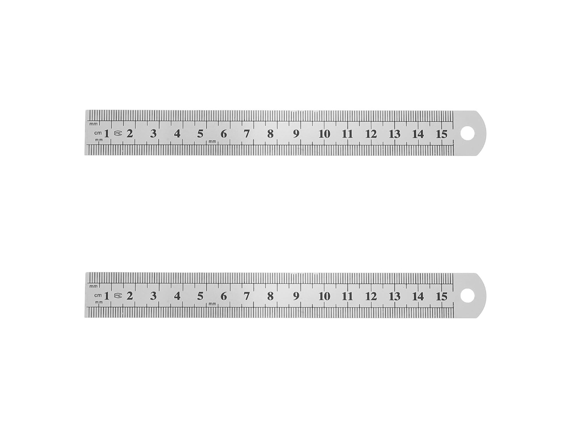 Régua métrica de aço inoxidável, 2 peças, 15 cm, plana, para medições precisas, uso escolar e de design.