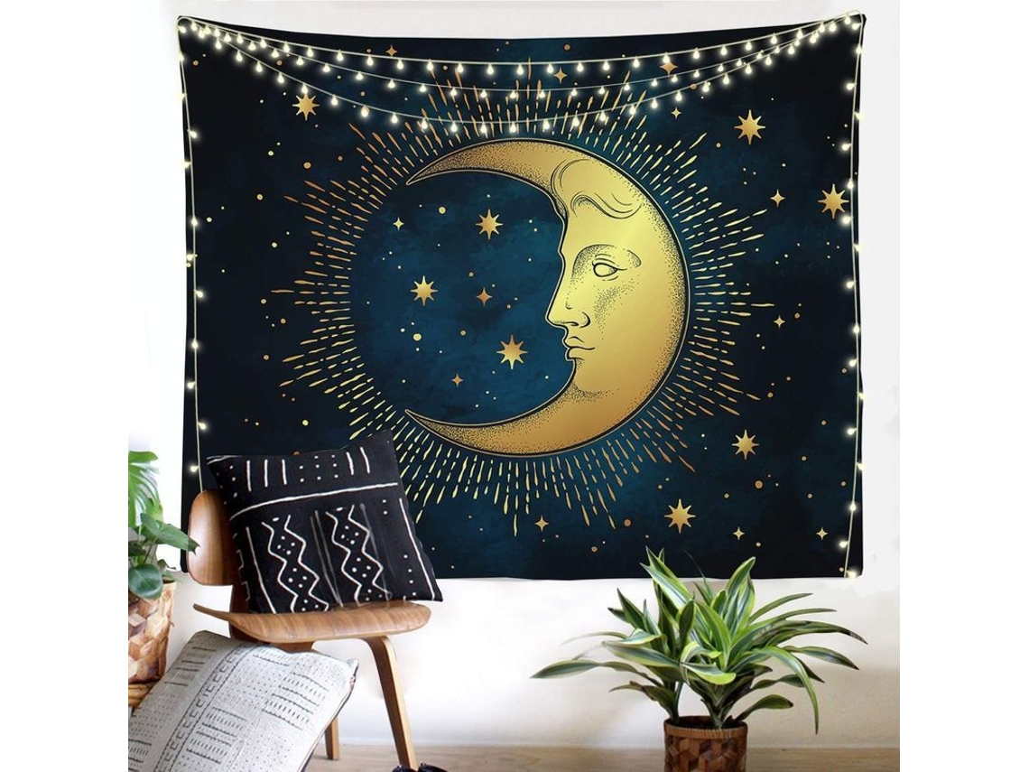 Tapestry Estética Lua e Sol Celeste Azul Bruxa para Quarto 51x59 Polegadas